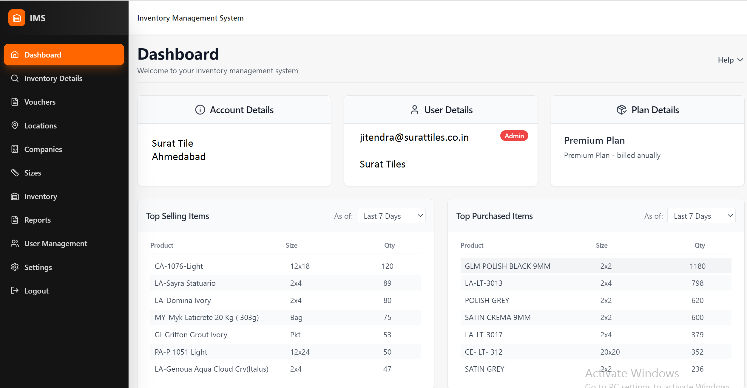 Inventory control dashboard